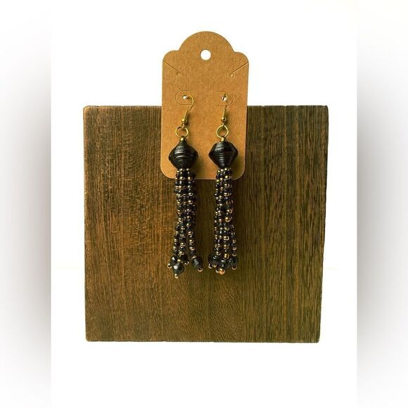 NEW REAL SIMPLE Boho Black and Gold-tone Bead Dangle Earrings - Picture 1 of 2